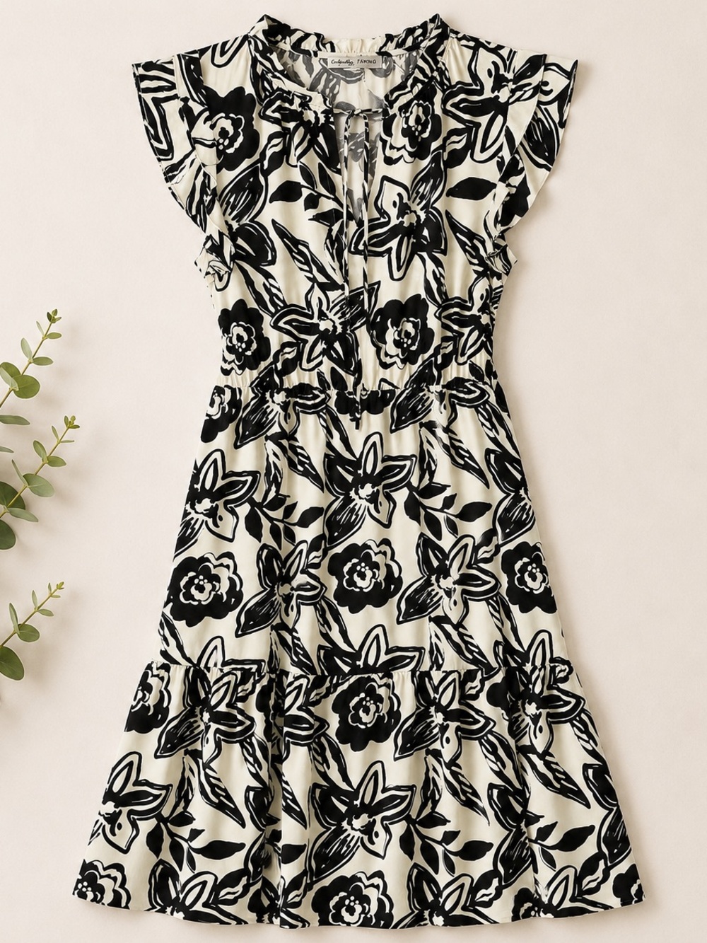 Absolutely Famous Black & White Floral Midi Dress Women’s XL Boho Ruffle Sleeve